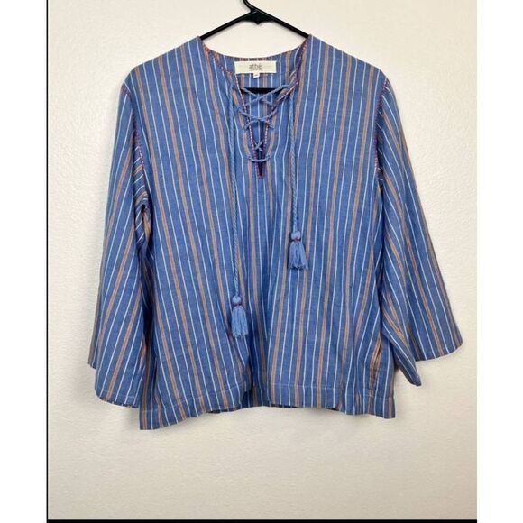 Vanessa Bruno blue striped tie neck Peasant Blouse sz 36 (US 4) - Picture 1 of 5